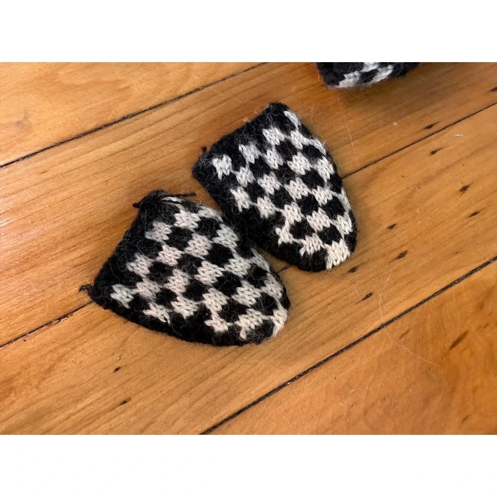 Vintage 1989 Pleasant Company Hand-Knitted Beanie and Mittens Set Black White